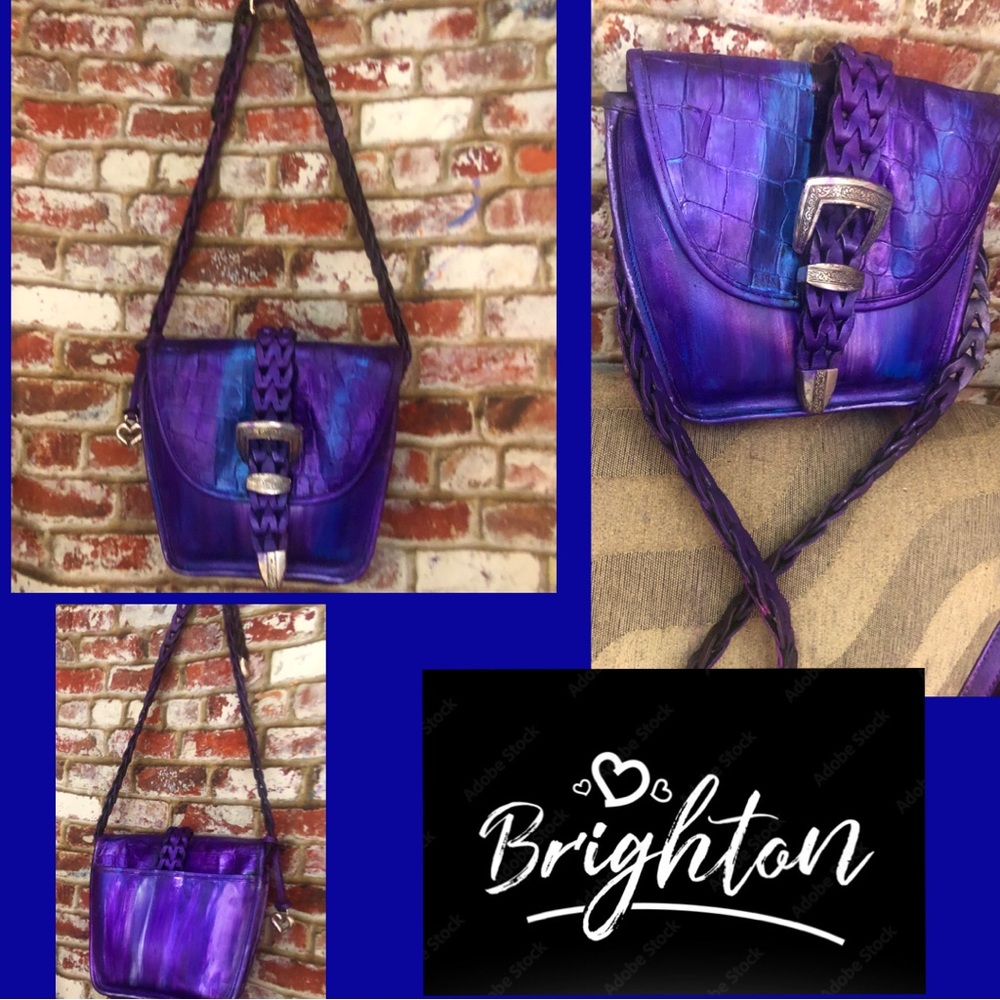 VINTAGE Brighton Metallic Purple Mult Color Leather Crossbody Saddle Bag